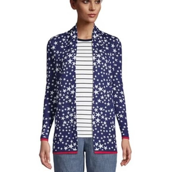 Lands’ End Navy Star Print Cotton Open Long Cardigan Sweater XL American Layer - Picture 1 of 6